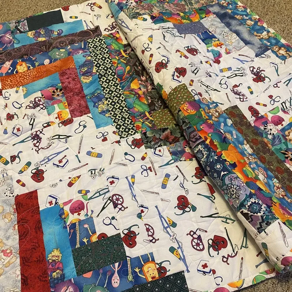 Vintage Handmade Patchwork Quilt Throw Blanket 64”x40” Doctor Nurse Patient